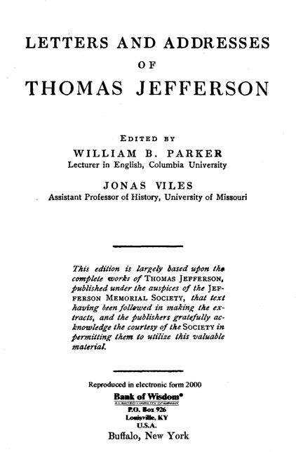 (image for) Letters and Addresses of Thomas Jefferson - Click Image to Close